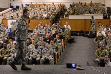 Maj. Gen. Casey Blake, Deputy Assistant Secretary for Contracting, Office of the Assistant Secretary of the Air Force for Acquisition, Washington D.C., welcomes service members and civilians from all Department of Defense branches, and allied partners to the Operational Contract Support Joint Exercise-2017, March 15, 2017, at Fort Bliss, Texas. The OCSJX will be training nearly 450 personnel from the logistics, finance, legal, contracting, and personnel career fields. (U.S. Air Force Photo by Tech. Sgt. Chad Chisholm/Released)