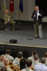 John Hall, Deputy to the Commander, U.S. Army Combined Arms Support Command, Fort Lee, Virginia, speaks to the participants of the Operational Contract Support Joint Exercise-2017, March 15, 2017, at Fort Bliss, Texas. The OCSJX will be training nearly 450 mid-level personnel from the Logistics and personnel career fields, junior level finance personnel and mid to junior legal and contracting personnel. (U.S. Air Force Photo by Tech. Sgt. Chad Chisholm/Released)